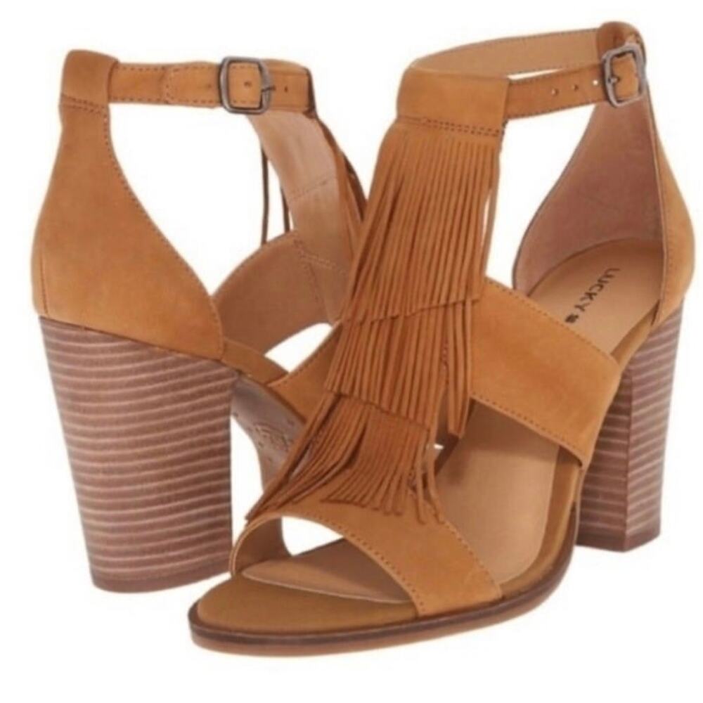 Lucky Brand 'Leesha' Womens 7.5 Fringe Block Heel Tan Nubuck Leather
